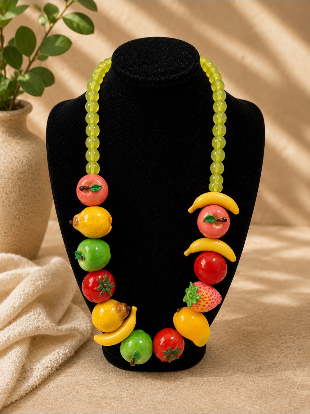 Colorful Fruit Bead Statement Necklace - Lime, Yellow, Red, Green
